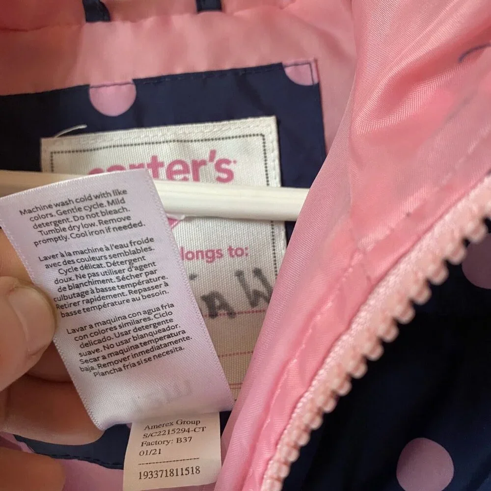 Carter's puffer pink polka‎ dot snow jacket hood zip toddler baby girl size 12 M